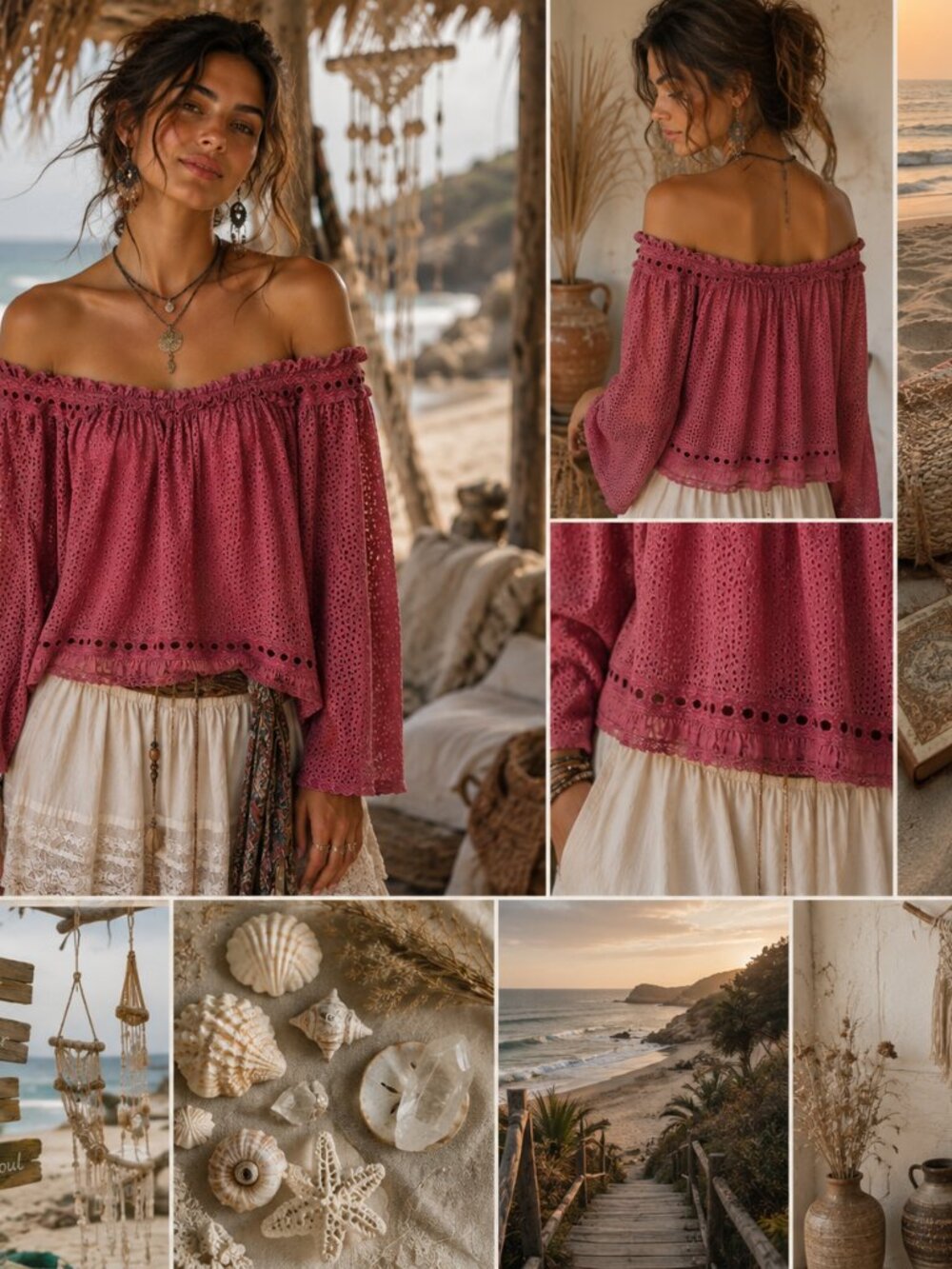 Sunday Saint-Tropez Picon Womens Dark Pink Embroidered Bohemian Beach Top Sz S